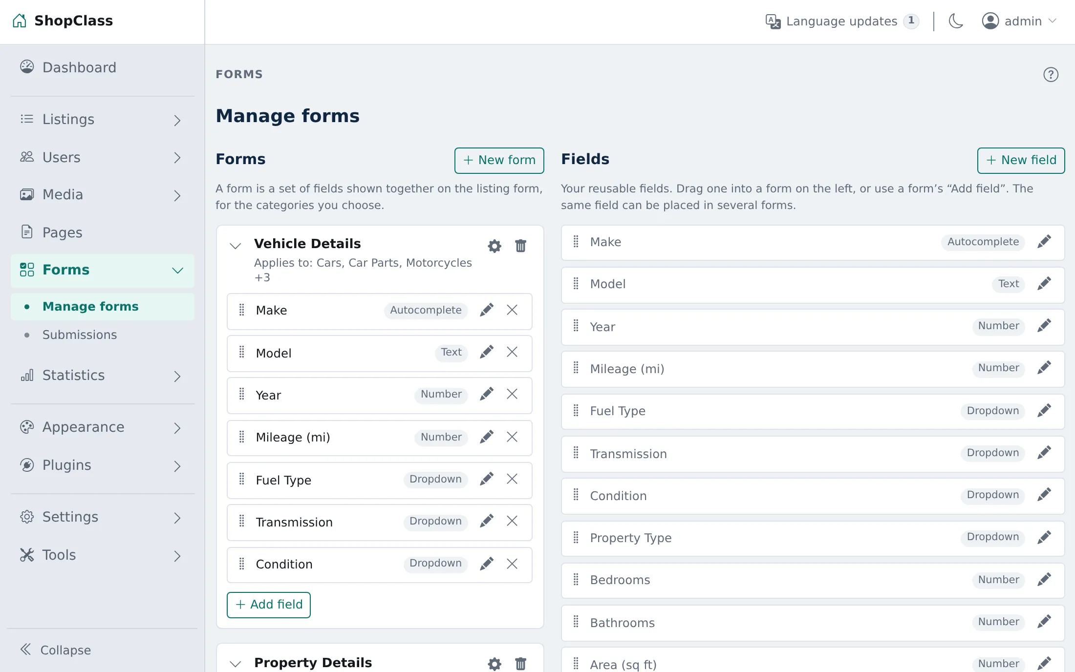 The ShopClass forms builder: a Vehicle Details form of typed fields beside a panel of reusable fields such as Make, Model, Year and Fuel Type.