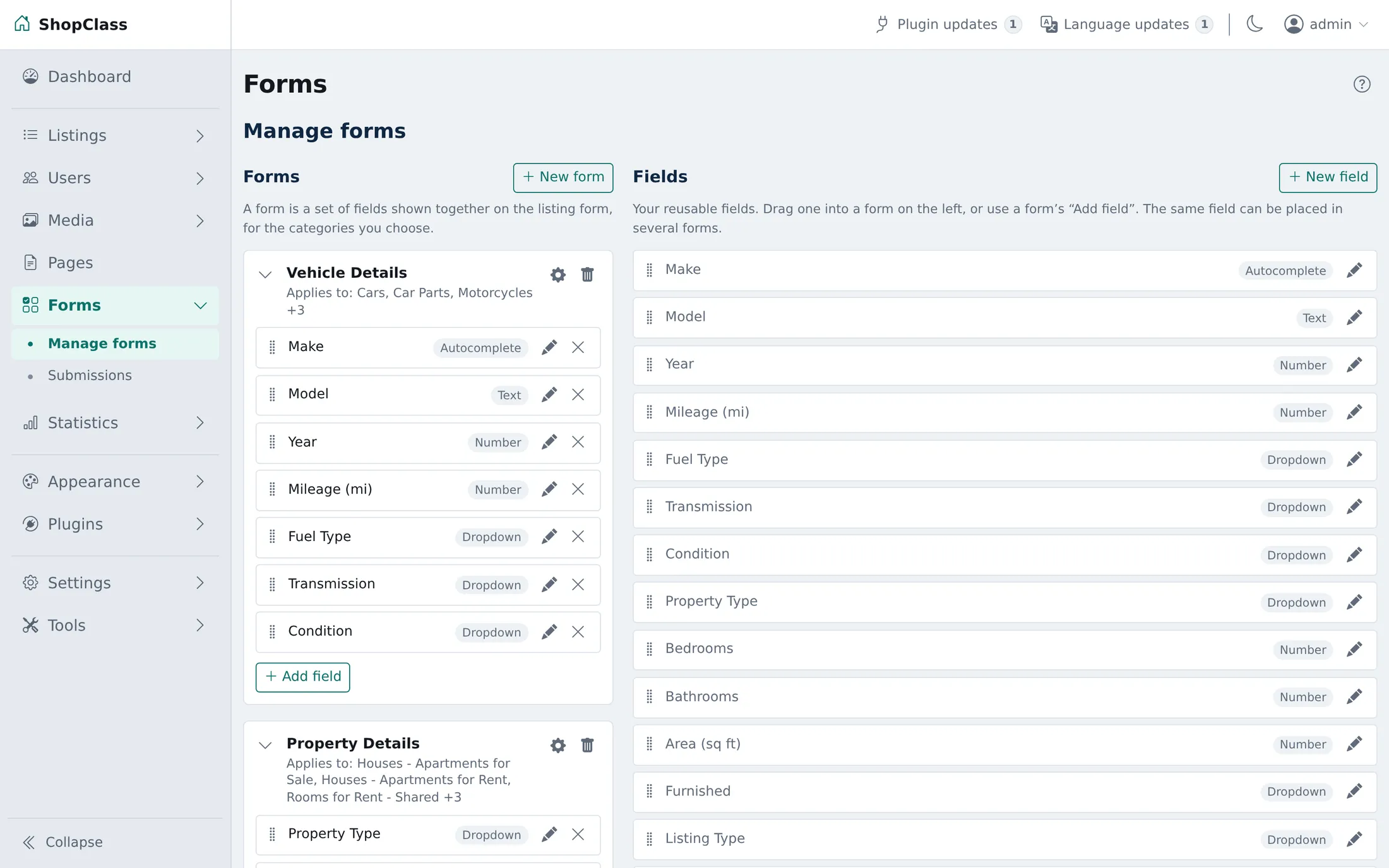 The ShopClass forms builder: a Vehicle Details form of typed fields beside a panel of reusable fields such as Make, Model, Year and Fuel Type.