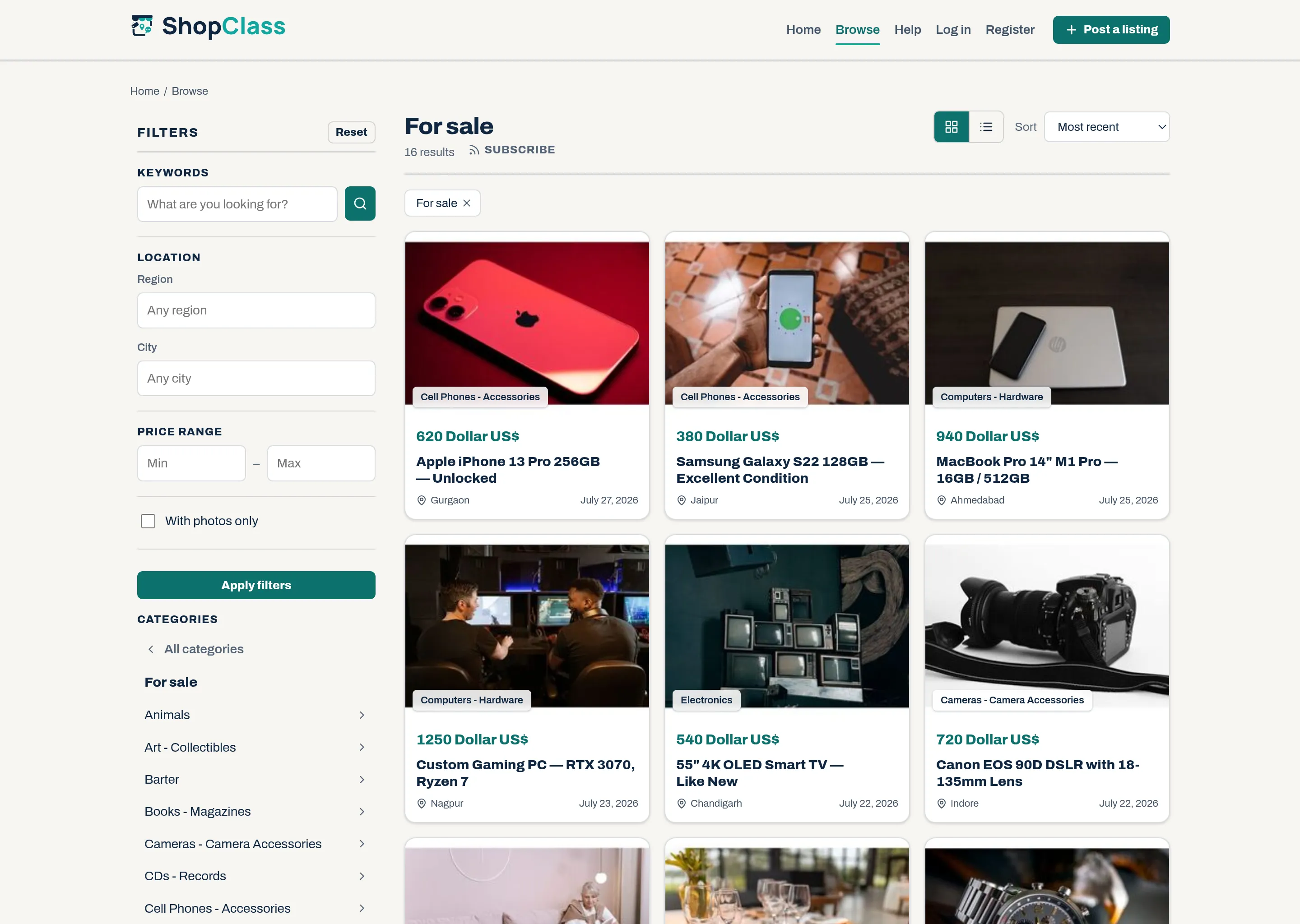 The ShopClass browse page: a filter sidebar beside a grid of for-sale listings with prices and locations.
