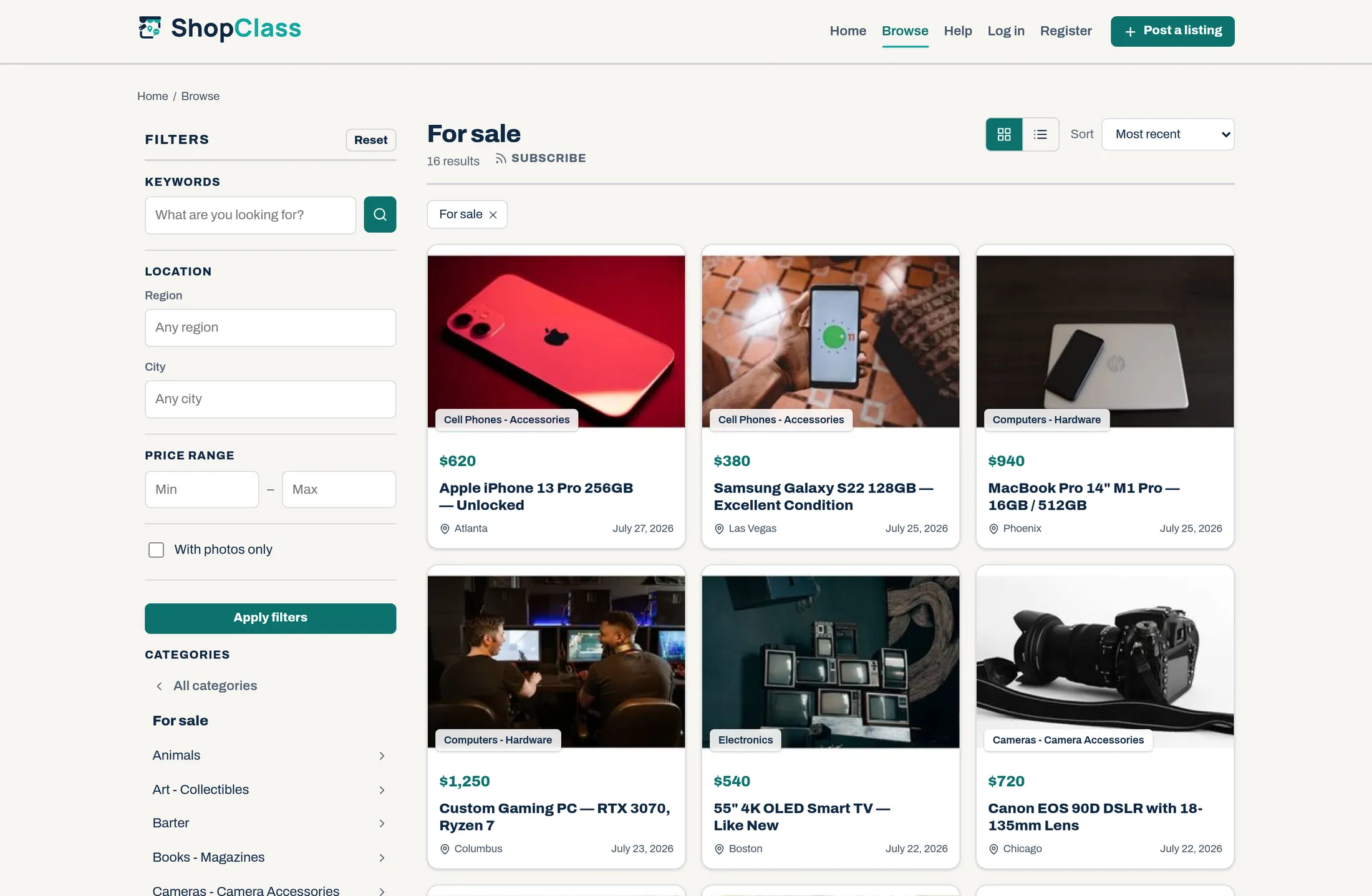 The ShopClass browse page: a filter sidebar beside a grid of for-sale listings with prices, photos and locations.