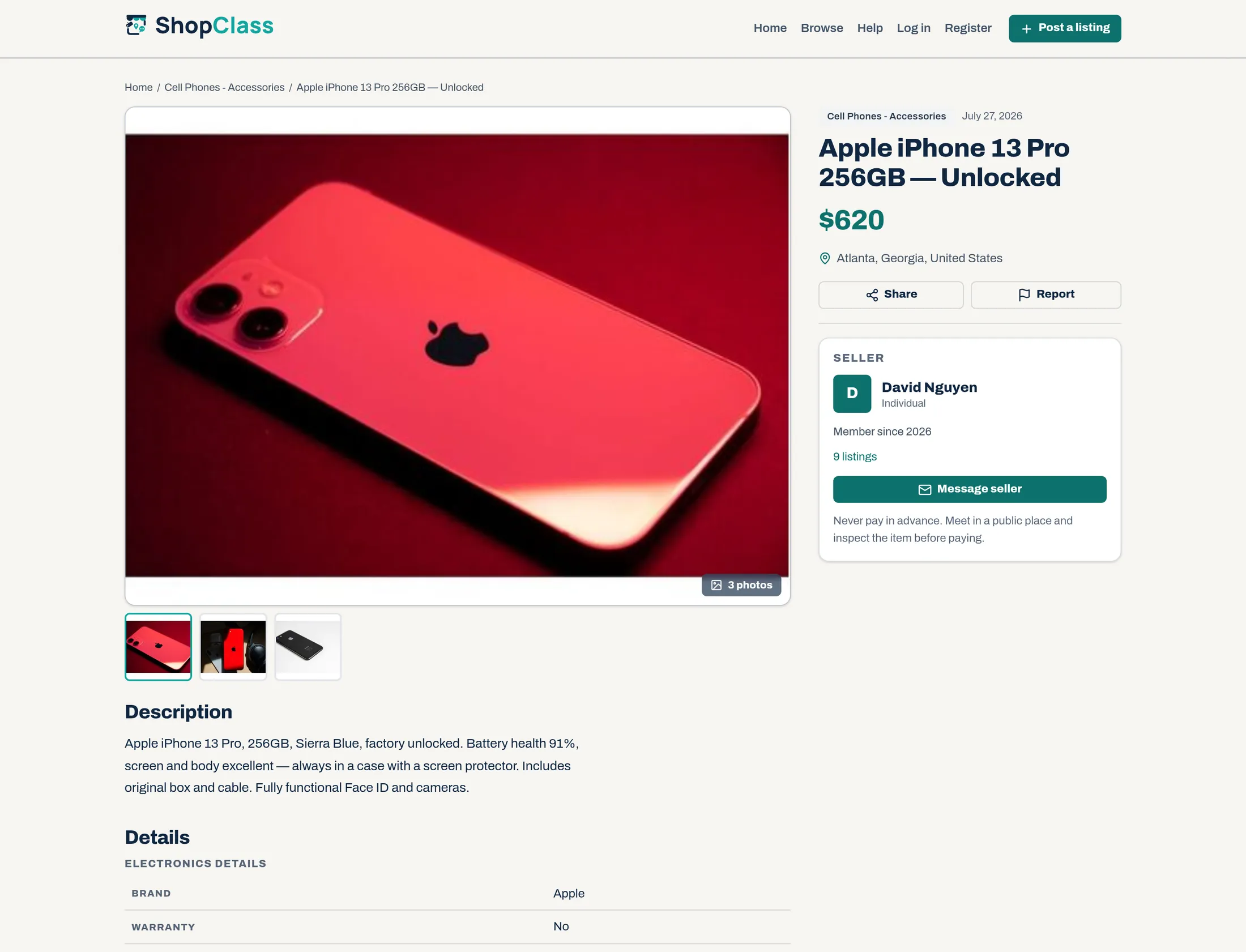 A ShopClass listing page: a photo gallery, price and location, a seller panel with a Message seller button, and a table of custom Electronics fields.