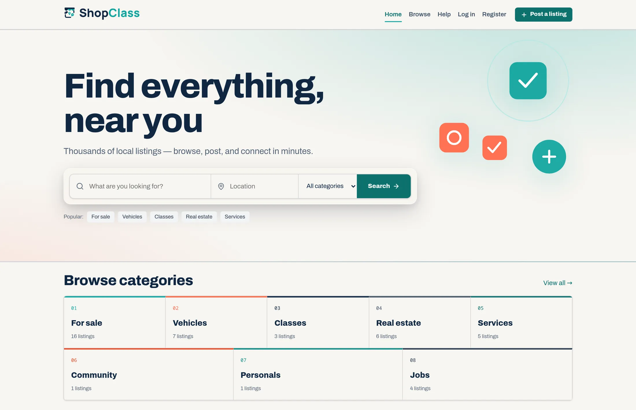 The live ShopClass storefront home page running on the demo: a search bar over browsable categories and featured listings.